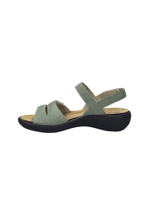 Grüne Ledersandalen mit doppelten Vorderträgern, einem verstellbaren Knöchelriemen und einer strukturierten schwarzen Sohle. Offenes Design für Atmungsaktivität.