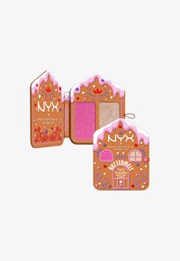 NYX Butternut Face Palette i et peberkagehusdesign, indeholder to pudderskygger: en pink og en skinnende beige, med farverige dekorative accenter.