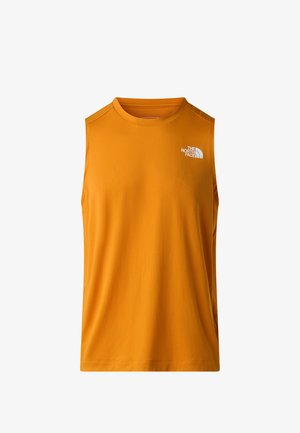 Top deportivo sin mangas de color naranja hecho de tela suave. Presenta un cuello redondo y un pequeño logotipo blanco en la parte superior izquierda del pecho.