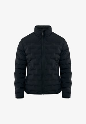 Zwarte gewatteerde jas met hoge kraag, ritssluiting aan de voorkant en twee zijzakken. Heeft een geborduurd patroon en een zachte afwerking.