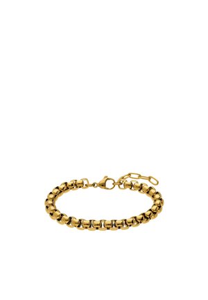 Gouden schakelarmband met karabijnsluiting en verstelbare verlengkettinkje op een witte achtergrond.