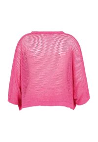 Ljust rosa, löst sittande stickad topp med en vid halsringning, korta ärmar och en öppen stickad textur, med en rak kanten bak.