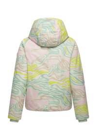 Padded jacket with a multicolored abstract pattern in pastel shades of pink, green, and yellow, featuring a hood and ribbed cuffs.