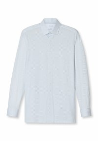 Langärmliges weißes Hemd mit einem kleinen blauen geometrischen Muster, klassischem Kragen und weißen Knöpfen entlang der Vorderseite.