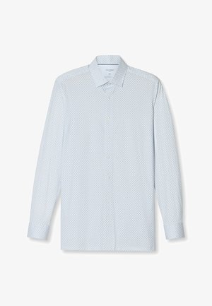 Witte blouse met lange mouwen en een klein blauw geometrisch patroon, klassieke kraag en witte knopen aan de voorkant.