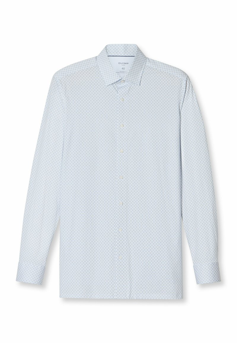 Langärmliges weißes Hemd mit einem kleinen blauen geometrischen Muster, klassischem Kragen und weißen Knöpfen entlang der Vorderseite.