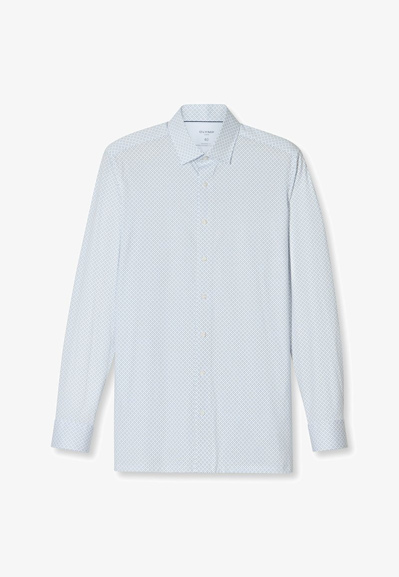 Chemise blanche à manches longues avec un petit motif géométrique bleu, col classique et boutons blancs sur le devant.