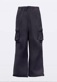 Schwarze Cargo-Hose mit lockerem Schnitt, ausgestattet mit zwei Seitentaschen, gefertigt aus glattem Stoff und einem elastischen Bund für Komfort.