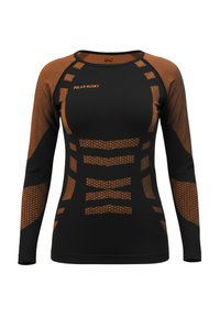 Black long-sleeve thermal shirt with orange accents, featuring a textured design and patterned detailing on sleeves and torso.