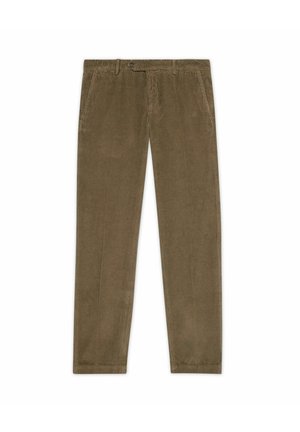 Olijfgroene corduroy broek met verticale ribbels, zijzakken en een knoopsluiting. Recht model met een gladde afwerking.
