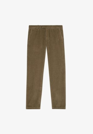 Olijfgroene corduroy broek met verticale ribbels, zijzakken en een knoopsluiting. Recht model met een gladde afwerking.