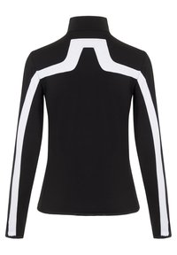 Svart långärmad tröja med hög krage, med vita vertikala ränder på axlarna och övre delen av ryggen, tillverkad av elastisk och slät tyg.