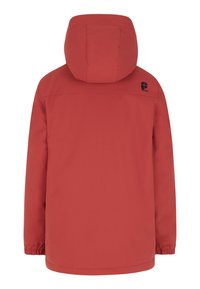 Giacca rossa con cappuccio, dalla texture liscia e opaca. Presenta polsini elasticizzati e un dettaglio con logo sulla schiena. Design semplice, vestibilità di lunghezza media.