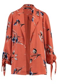 Blazer v rezavé barvě s květinovým vzorem v modré a bílé. Má volné rukávy s vázačkami, límec a otevřený přední design. Hladká tkanina.