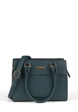 Sac à main en cuir texturé teal avec double poignée supérieure et une bandoulière amovible. Matériel en tonalité dorée et logo de la marque sur le devant.