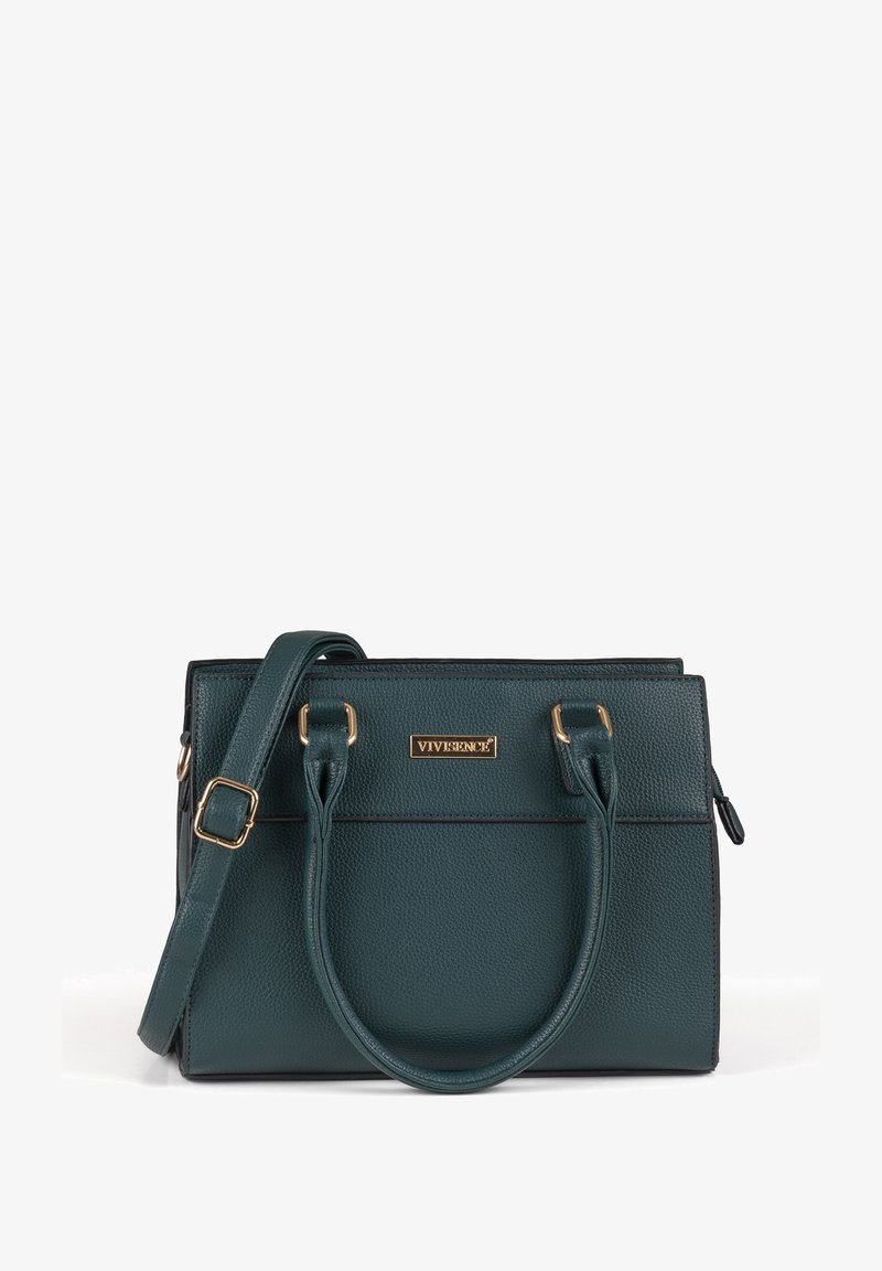 Bolso de mano de cuero texturizado en color verde azulado con dos asas superiores y una correa de hombro desmontable. Herrajes en tono dorado y logotipo de la marca en la parte frontal.