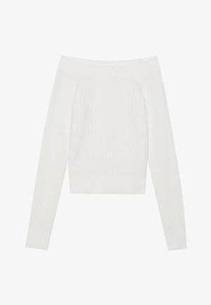 Off-shoulder vit stickad tröja med ribbad textur, långa ärmar och en kort passform. Har en ren, enfärgad design.