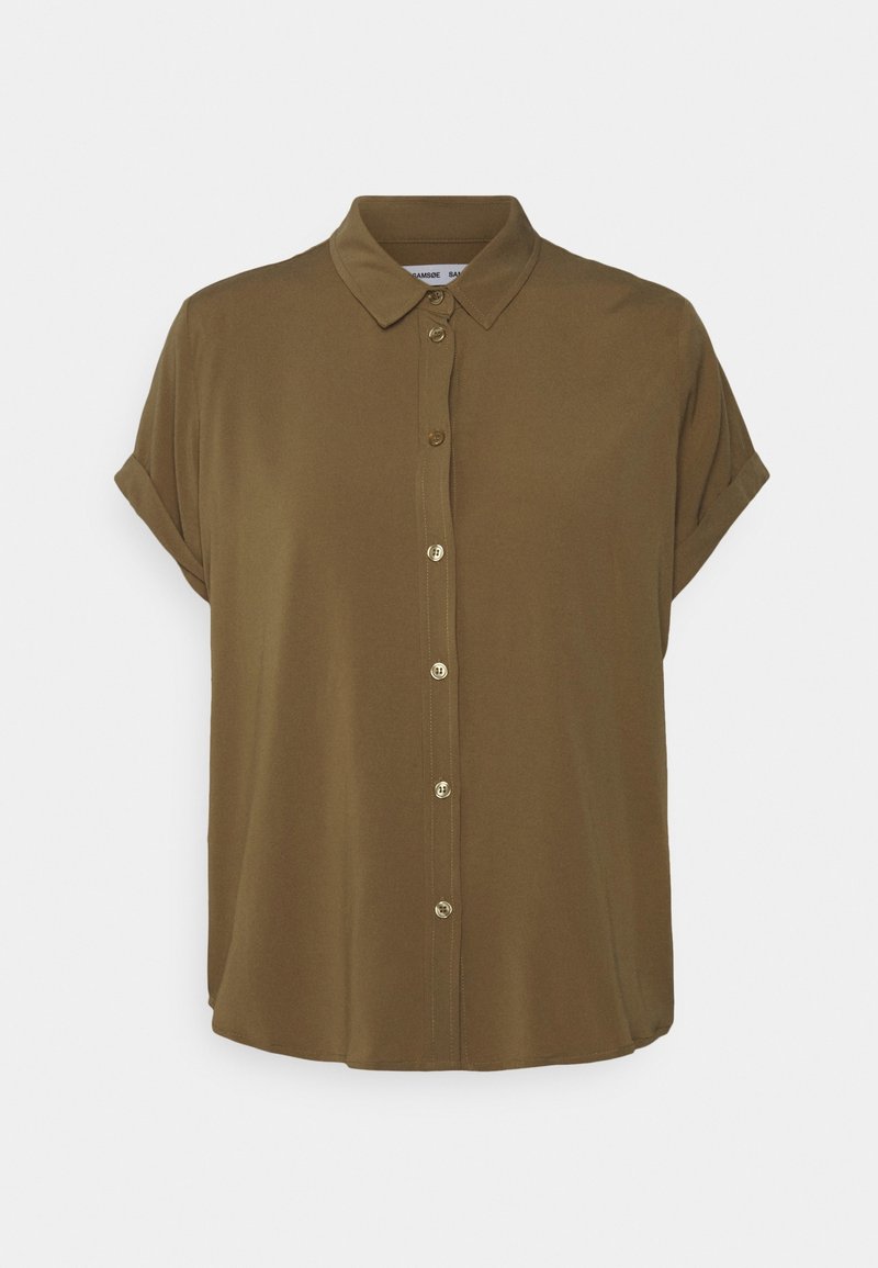 Short-sleeve, button-up shirt in olive green. Made of smooth fabric with a classic collar and rolled sleeves. Features gold-tone buttons.