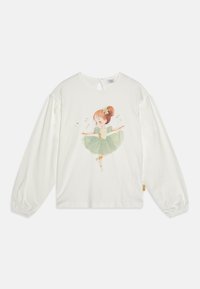 Hvid langærmet skjorte med en trykt ballerina i en grøn kjole, med puffede ærmer og en nøglehulåbning bagpå.