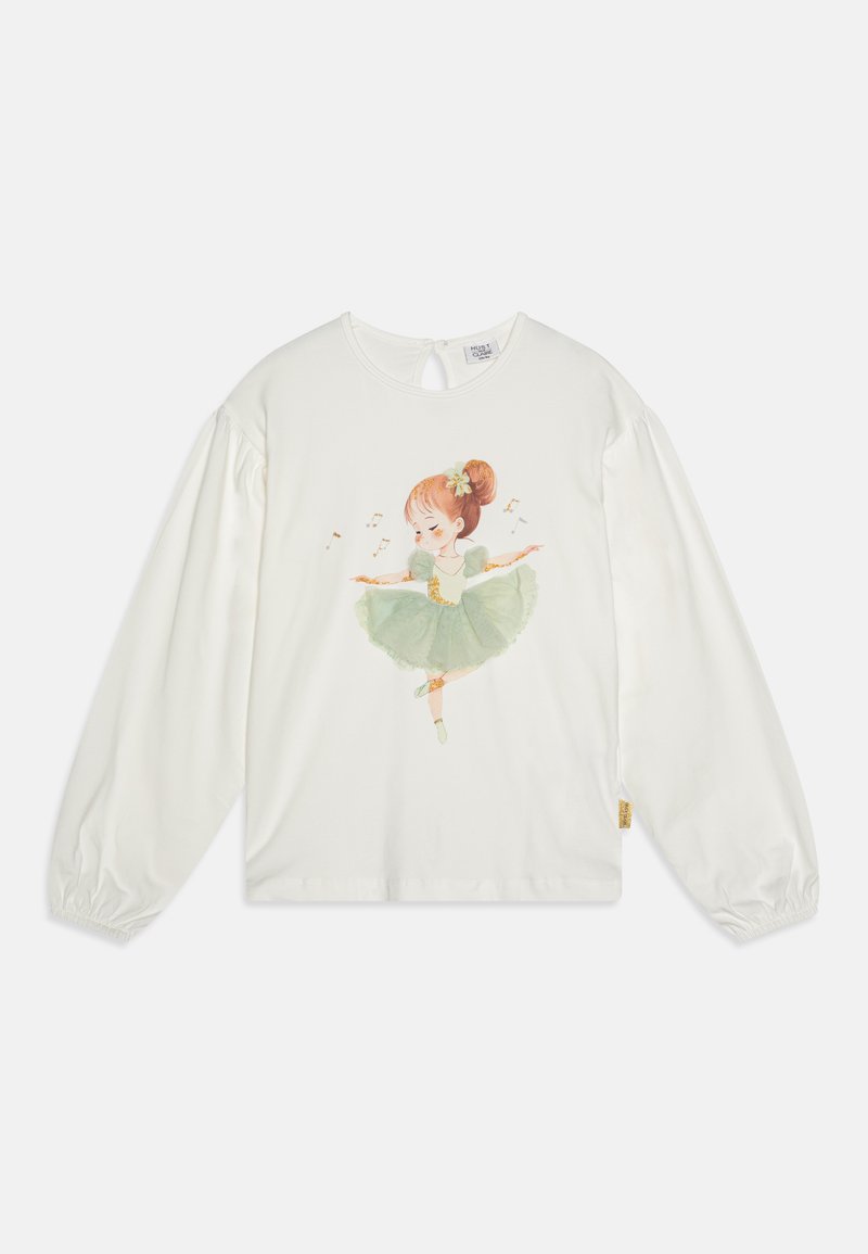 Hvid langærmet skjorte med en trykt ballerina i en grøn kjole, med puffede ærmer og en nøglehulåbning bagpå.