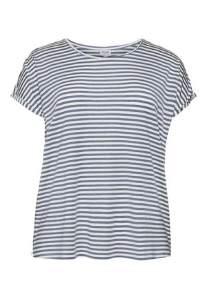 Striped T-shirt in light blue and white. Soft fabric, short sleeves, crew neckline, and relaxed fit. No visible patterns or embellishments.