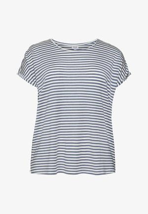 Striped T-shirt in light blue and white. Soft fabric, short sleeves, crew neckline, and relaxed fit. No visible patterns or embellishments.