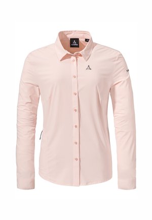 Helles rosa Langarmhemd mit knöpfbarer Vorderseite, spitzem Kragen und einem Logo auf der Brust. Glatte Textur und taillierte Passform.