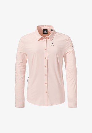 Helles rosa Langarmhemd mit knöpfbarer Vorderseite, spitzem Kragen und einem Logo auf der Brust. Glatte Textur und taillierte Passform.