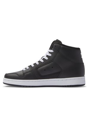 High-top sneakers made of black leather with white laces, featuring a smooth texture, rounded toe, and a contrasting white sole.