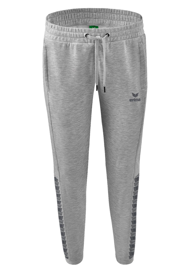 Graue Sporthosen aus weichem Material mit einem Kordelzugbund, versehen mit Seitestreifen mit einem Logo und einem schmal zulaufenden Design.