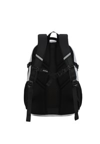 Zaino nero e grigio con spallacci imbottiti, schienale in rete per la ventilazione e dettagli riflettenti. Cinghie laterali regolabili per una vestibilità personalizzata.