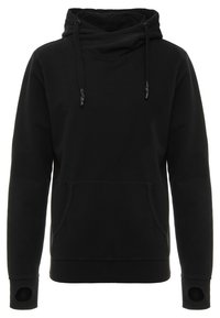 Felpa nera con cappuccio realizzata in tessuto morbido, dotata di tasca a marsupio, fori per i pollici nei polsini e design del collo rilassato.