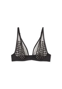 Bralette in rete nero trasparente con decorazioni in paillettes sui coppe, spalline sottili regolabili e un sottofondale morbido per un leggero supporto.