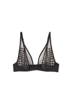 Schwarzes, durchsichtiges Mesh-Bralette mit Paillettenverzierungen an den Cups, dünnen verstellbaren Trägern und einem weichen Unterband für leichten Halt.