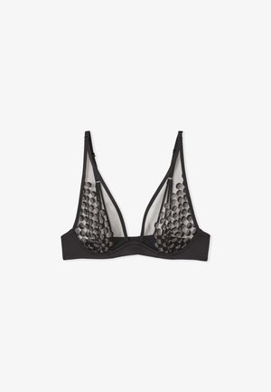 Bralette en mesh noir transparent avec des embellissements en sequins sur les bonnets, fines bretelles ajustables et une bande sous poitrine douce pour un soutien léger.