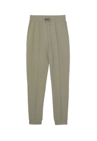 Pantalones de chándal de un suave verde oliva, confeccionados en una tela blanda, que presentan una cintura con cordón, puños elásticos y pliegues frontales para estilo y comodidad.