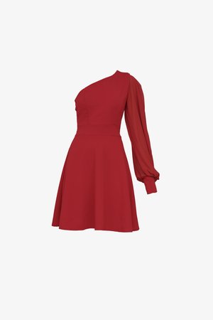 Punane kleit, millel on ühel õlal disain, istuv bodice ja laienev seelik. Pikk puhv-särk lisab volüümi; sile tekstuur kogu ulatuses.
