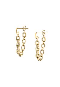 Orecchini in oro con catena caratterizzati da anelli ovali intrecciati e una finitura liscia, impreziositi da piccoli cristalli trasparenti, fissati con un perno.