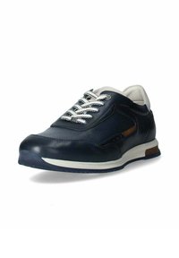 Zapatillas de cuero navy con cordones blancos, parte superior texturizada y sutiles acentos marrones. Presentan una puntera redondeada y una suela de goma texturizada.