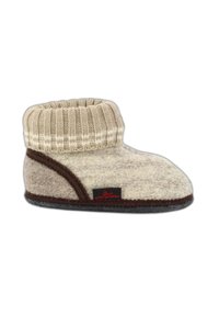 Wollen slipper met een crème-kleurig lichaam, bruine accenten en een geribbelde tricot manchet. Zachte textuur, ronde vorm en een zwart label.