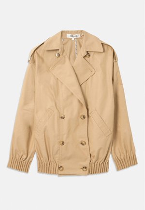 Trench beige con cierre de botones de doble breasted, con hombreras y puños elásticos. Fabricado en un tejido suave y ligero.