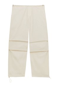 Beige leichte Hose mit geradem Schnitt, ausgestattet mit zwei großen Taschen vorne und Kordelzug-Verschlüssen am Saum für anpassbare Länge.