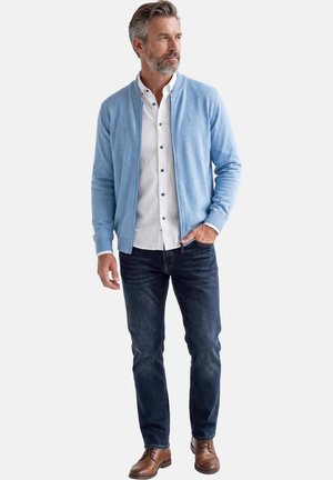 Mann mit grauen Haaren und Bart, der einen hellblauen Reißverschluss-Pullover, ein weißes Hemd mit Knöpfen, dunkle Jeans und braune Anzugschuhe trägt, steht mit der Hand in der Tasche.