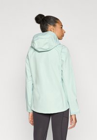 Ανοιχτό πράσινο αδιάβροχο μπουφάν με κουκούλα, με λεία υφή και άνετη γραμμή, εμφανιζόμενο από πίσω, σε συνδυασμό με σκούρο κολάν.