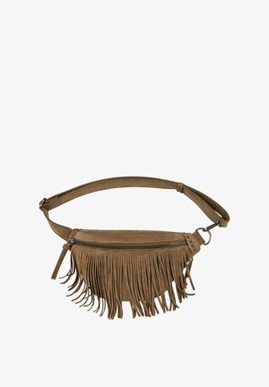 Brown suede crossbody bag with fringe detailing, zipper closure, and adjustable strap. Features metal hardware accents along the seam.