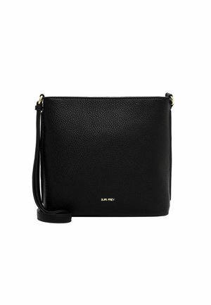 Black leather crossbody bag with a textured surface, gold hardware, and a debossed brand logo at the front. Simple rectangular design.