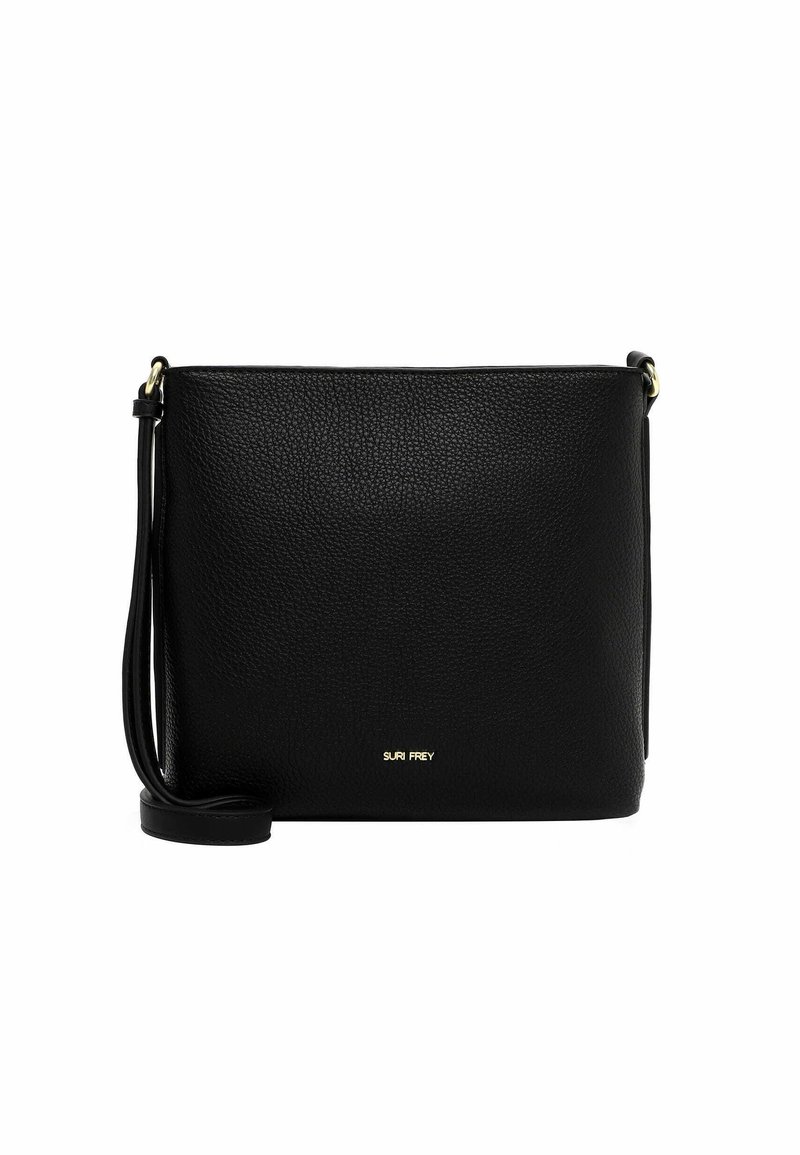 Borsa a tracolla in pelle nera con superficie testurizzata, hardware dorato e logo del marchio impresso sul davanti. Design rettangolare semplice.