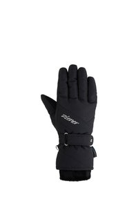 Gant de neige noir avec une surface texturée, une manchette élastique et une sangle réglable. Dispose d'un design matelassé et d'un logo au dos.