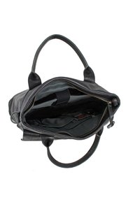 Černá kožená kabelka s dvojitými rukojeťmi, zapínáním na zip a otevřeným vnitřkem s kapsami a texturovanou podšívkou.