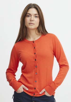 Oranje cardigan trui met een ronde hals, lange mouwen, sluiting met knopen aan de voorkant en ribgebreide accenten bij de manchetten en de zoom. Glad materiaal.